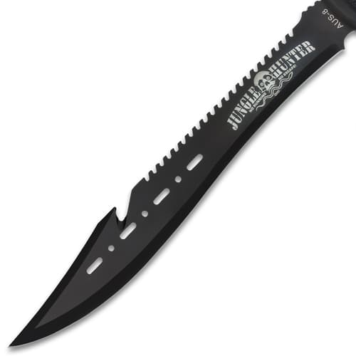 Black Legion Jungle Hunter Machete With Nylon Sheath And Lanyard - Sawback Blade Spine, Nonreflective Black Coating - 25" Length