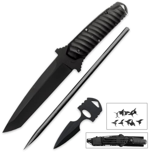 Black Legion Ninja "Bag of Tricks" - Knife, Push Dagger, Spikes, Caltrops in Nylon Sheath