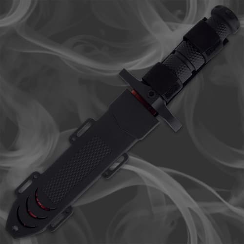 The survival knife comes in a sturdy TPU leg and belt sheath and the throwing knives come in a tough nylon belt sheath