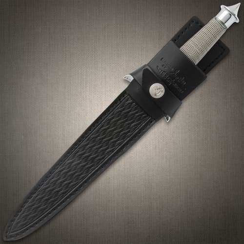 Dagger enclosed in a black leather sheath, the wire wrapped hilt and mirror polished finishes are exposed.