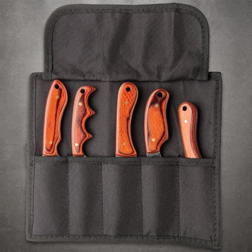 Five Ridge Runner knives placed inside a black nylon roll pouch