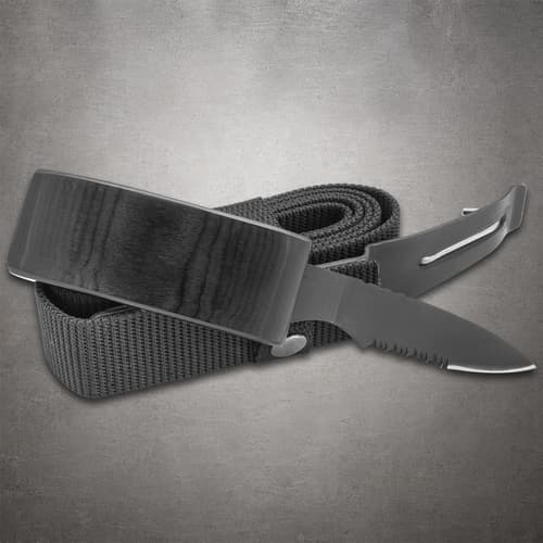 Black belt with concealed knife partially exposed