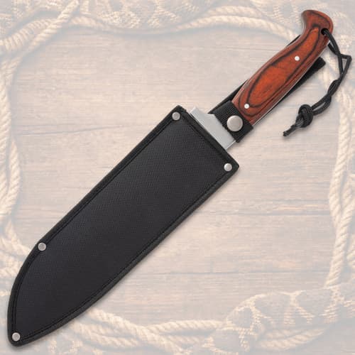 Knife in black sheath with wooden handle