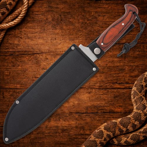 Knife in black sheath on wooden background