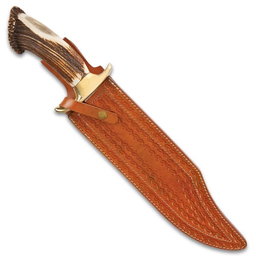 Timber Wolf King Stag Antler Crown Knife With Sheath - Stainless Steel Blade, Genuine Horn Handle, Brass Handguard - Length 22 1/2”