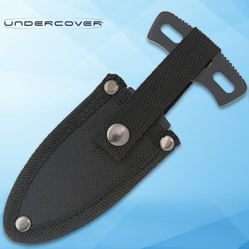 Push dagger in black sheath with rivets