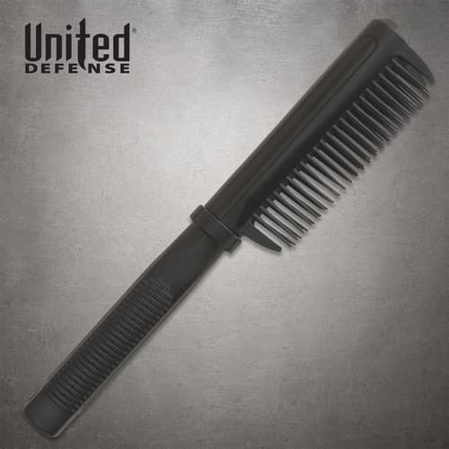 Full view of the black Dapper Defender brush knife with brush cover fitted and ribbed handle visible