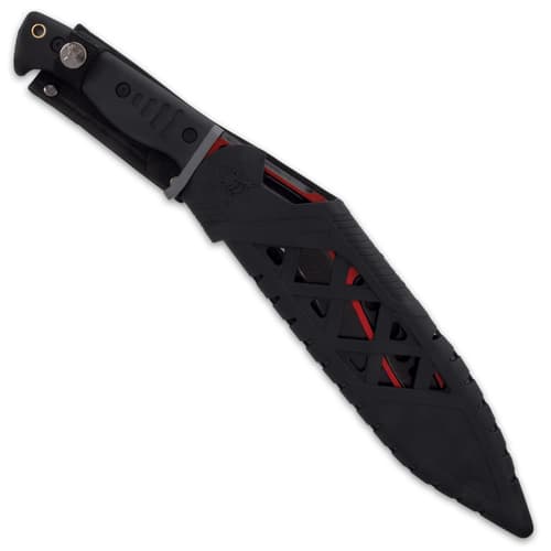 The fixed blade is 15 7/8” in overall length and can be carried and stored in a tough Vortec belt sheath