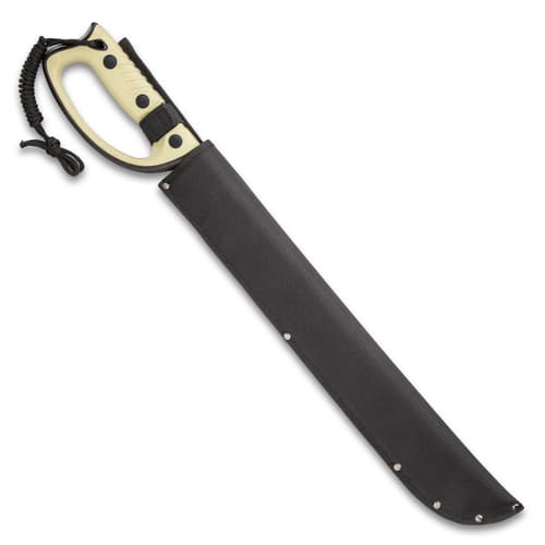 USMC Semper Fi Sawback Machete Knife With Sheath - Stainless Steel Blade, Rubberized Injection-Molded Handle - Length 24”