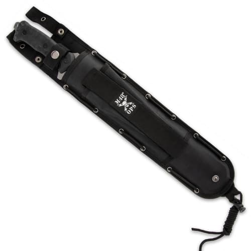 Combat machete enclosed in a black nylon sheath with a "M48 Ops" logo printed onto the elastic strap.