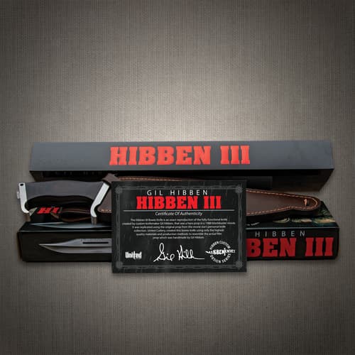 Hibben III Bowie Knife, "Certification of Authenticity" for the Knife, presented prominently in the center Certification bears  the official " Gil Hibben III" series logo background display box