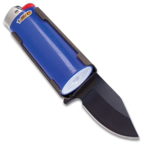 Blue "BIC" lighter partially enclosed with a black caddy pocket containing a pocket knife.