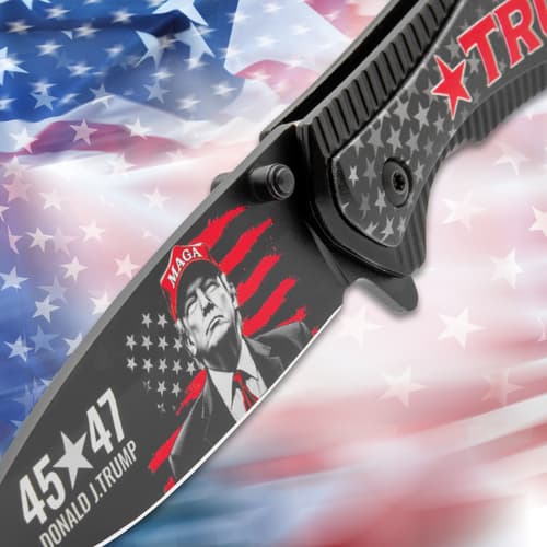 Close-up of knife blade with Trump design and American flag