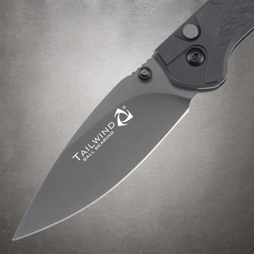 Close-up of knife blade with Tailwind branding