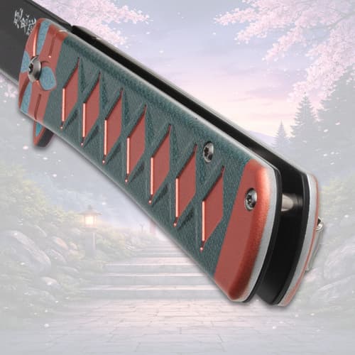 Close-up of knife handle with red diamond pattern