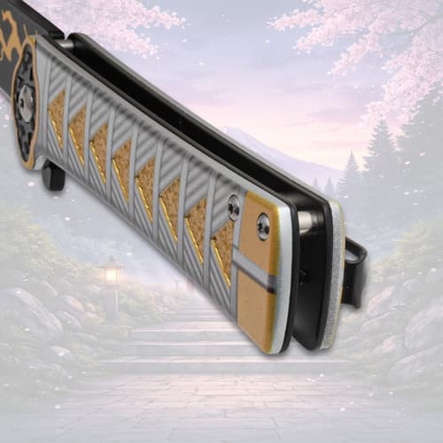 Close-up of knife handle with triangular patterns