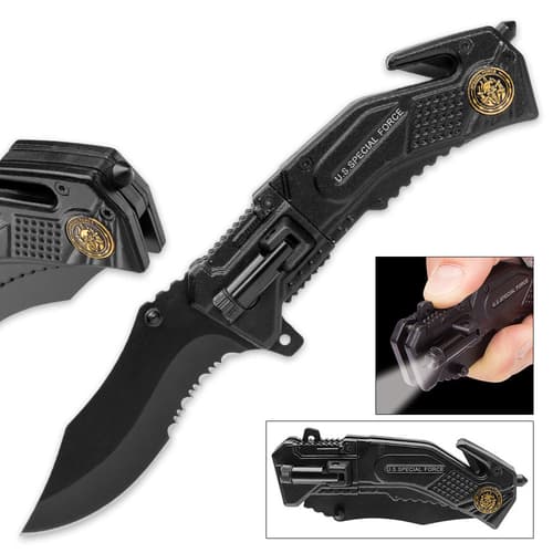 Matte black pocket knife with serated blade, "U.S. Special Forces" medallion and Inscription, flashlight, pocket clip, glass breaker, and seatbelt cutter.