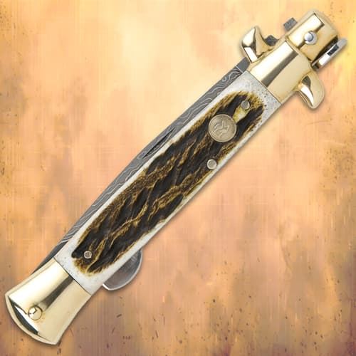 Kissing Crane Burnt Bone Stiletto Knife - Damascus Blade