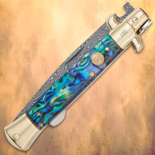 Kissing Crane Genuine Abalone Damascus Stiletto Knife