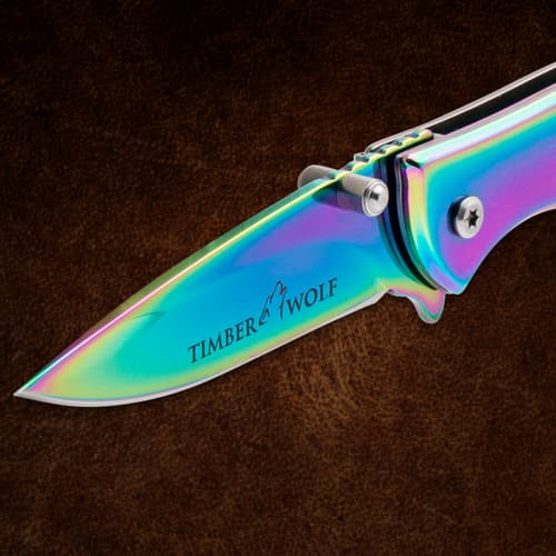 Timber Wolf EDC Pocket Knife Rainbow blade close up