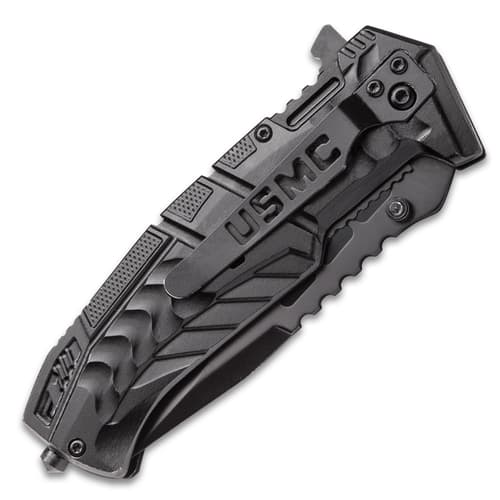 Closed black tactical knife with USMC clip
