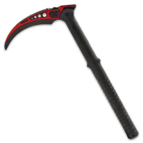 It features a cast stainless steel blade highlighted with metallic red and honed to a razor-sharp edge with a piercing point