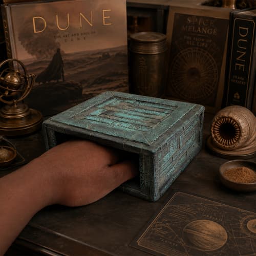 Hand inside a textured box, surrounded by Dune-themed books
