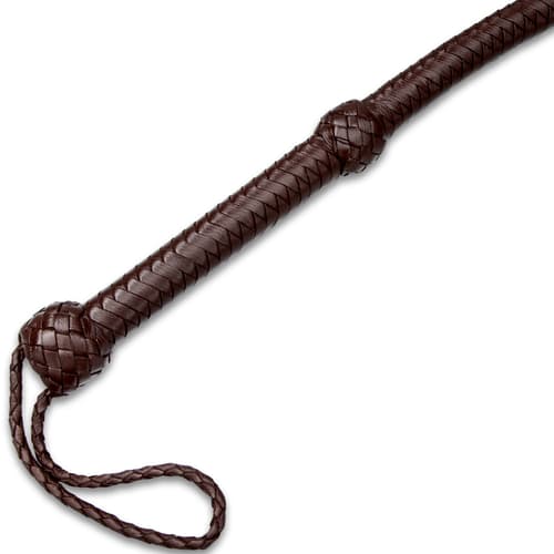 8' Handcrafted Dark Brown Leather Bull Whip - Woven Premium Leather Construction, Wrist Strap, Age-Old Leather Crafting Method