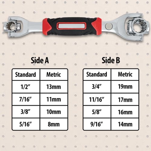 The different sizes that the spanner wrench offers