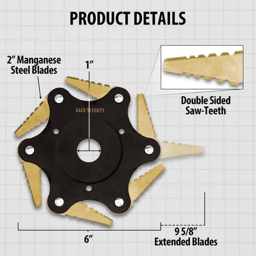 A diagram outlining the measurements and details of the Back Forty Six Leaves Metal Trimmer Blade is shown, showcasing the 2” manganese blades.