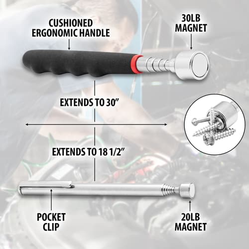 Dimensions and components of magnetic pick-up tool set.