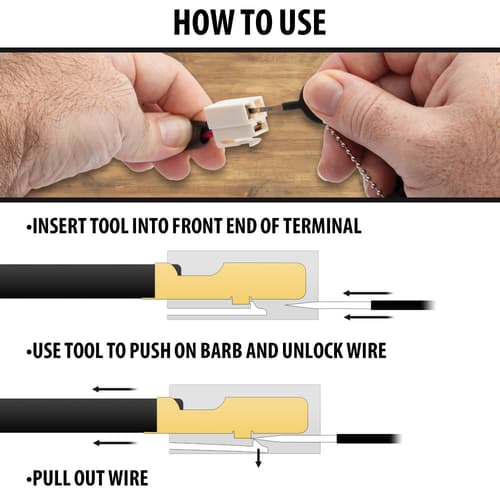 Full image showing how to use the Car Terminal Puller Pin Extractor.