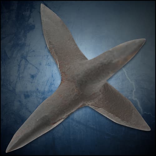 The caltrop is crafted of solid iron and has four piercing points, highly capable of piercing vehicle tires, when necessary
