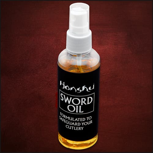 The sword oil is made of refined mineral oil and comes in an easy-application spray bottle and is suitable for all blades