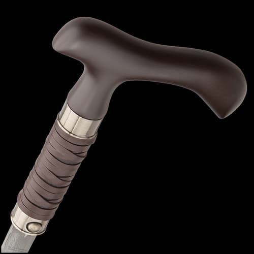 Zoomed view of sword cane with leather wrapped handle and glimpse of damascus steel blade