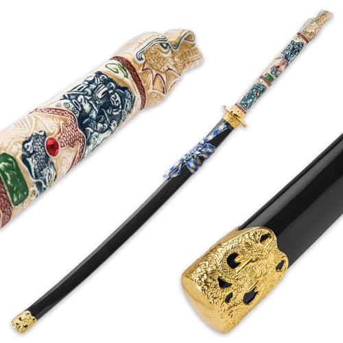 Highlander Closed Mouth Dragon Katana with Blue Lacquered Saya - 1045 High Carbon Steel Blade - Battle Ready