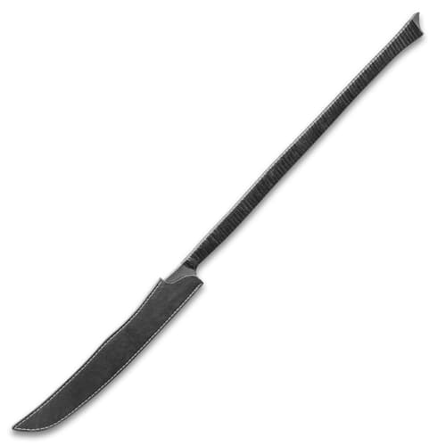 All black warrior spear with no slip grip wrapped in PU rope and sharp blade protected by black casing