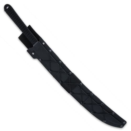 The wakizashi sword comes housed in a black injection molded sheath and the sword is 27” in overall length