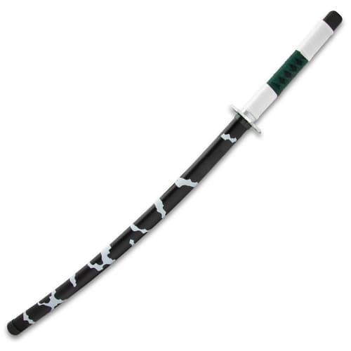 The 40 1/2” overall fantasy sword slides smoothly into a black wooden scabbard with white decoration and metal accents