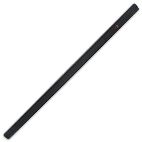 The block wooden handle is painted matte black with a red accent, and it slides seamlessly into its block wooden scabbard