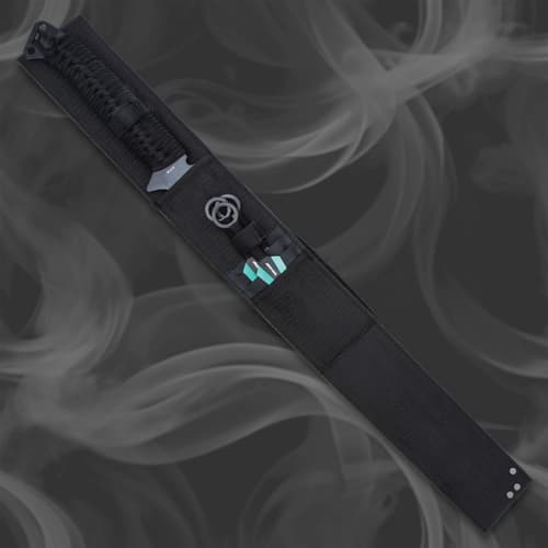 Both the 27” overall ninja sword and throwing set can be carried in a nylon belt sheath with a quick-release shoulder strap