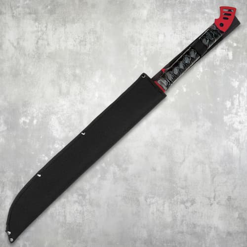 Sword in black sheath with red handle partially visible