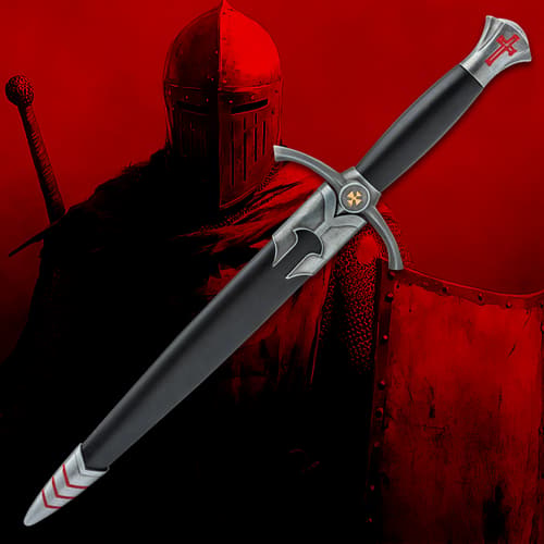 Black sheathed dagger with red cross on knight background