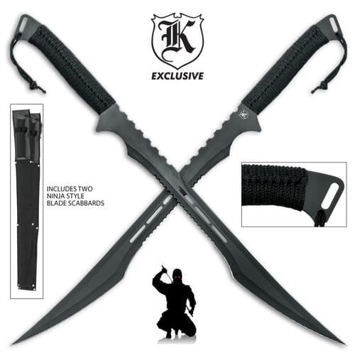 K Exclusive twin swords shown inside ninja style blade scabbards and with detailed view of the black cord wrapped handle.