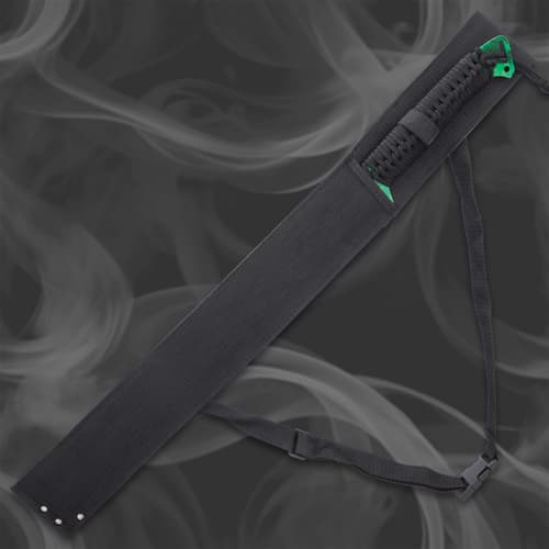 The 27” overall tactical ninja sword can be carried and stored in a tough nylon sheath with adjustable shoulder strap