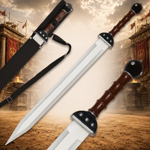 Close-up of Roman sword with sheath in arena