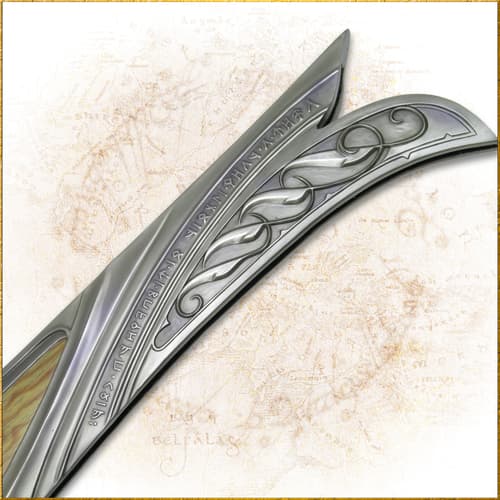 Close-up of a sword's hilt with intricate runic engravings