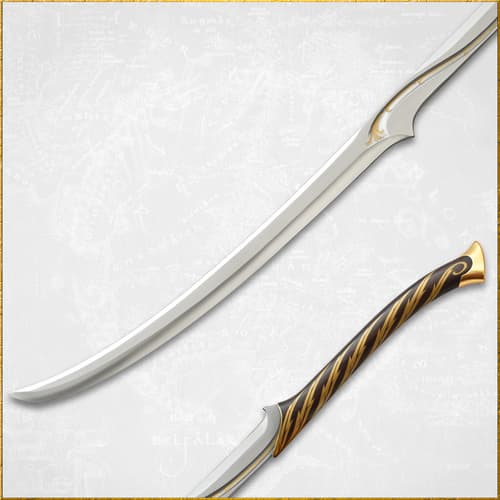 Close-up of a curved sword with ornate handle design