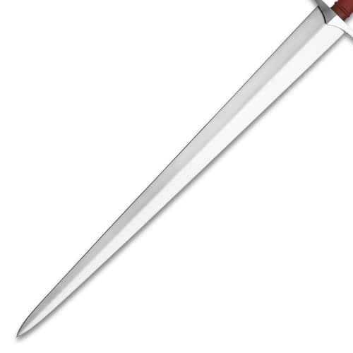 Close-up of a sword blade on white background