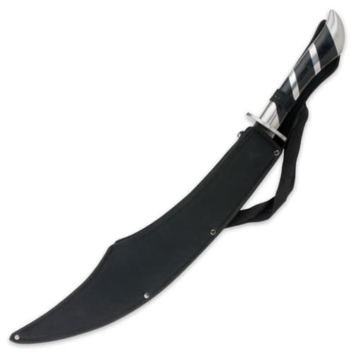 The sheath is made from durable black nylon and has a strap.